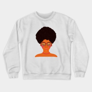 Woman with Afro, Glasses and Coral Beaded Jewelry (White Background) Crewneck Sweatshirt